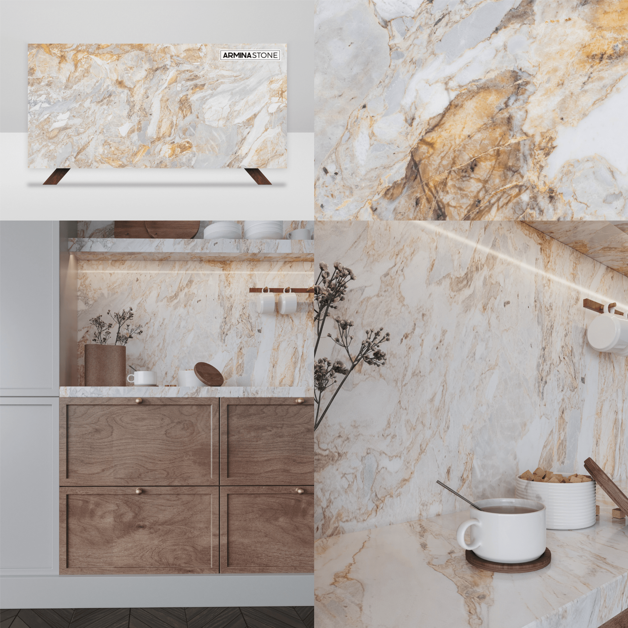 Apuano Oro marble kitchen design inspiration. Available at Armina Stone Miami