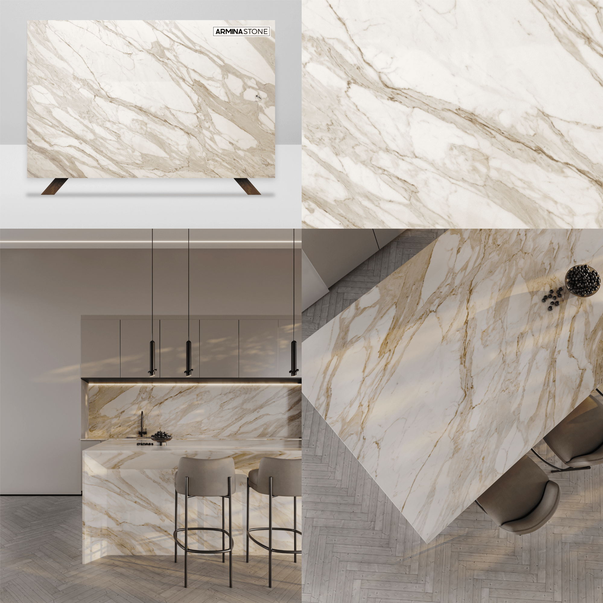 Calacatta Extreme marble countertops, waterfall kitchen island, interior design inspiration. Available at Armina Stone Miami.