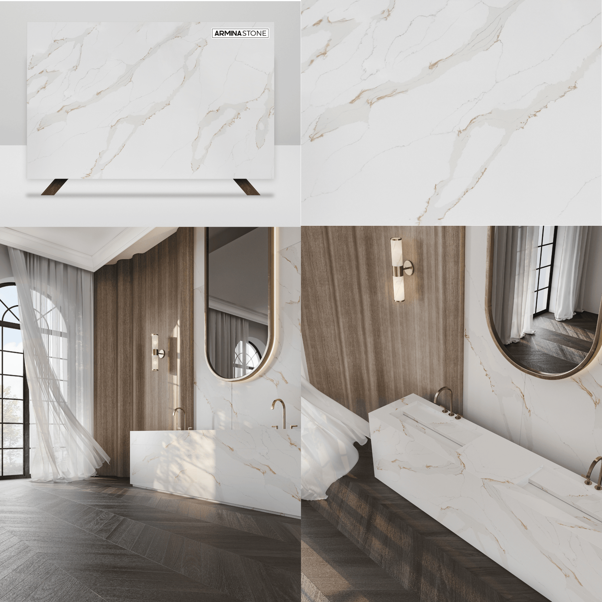 Calacatta Leah quartz surfaces, Armina Signature Collection, Available at Armina Stone Miami