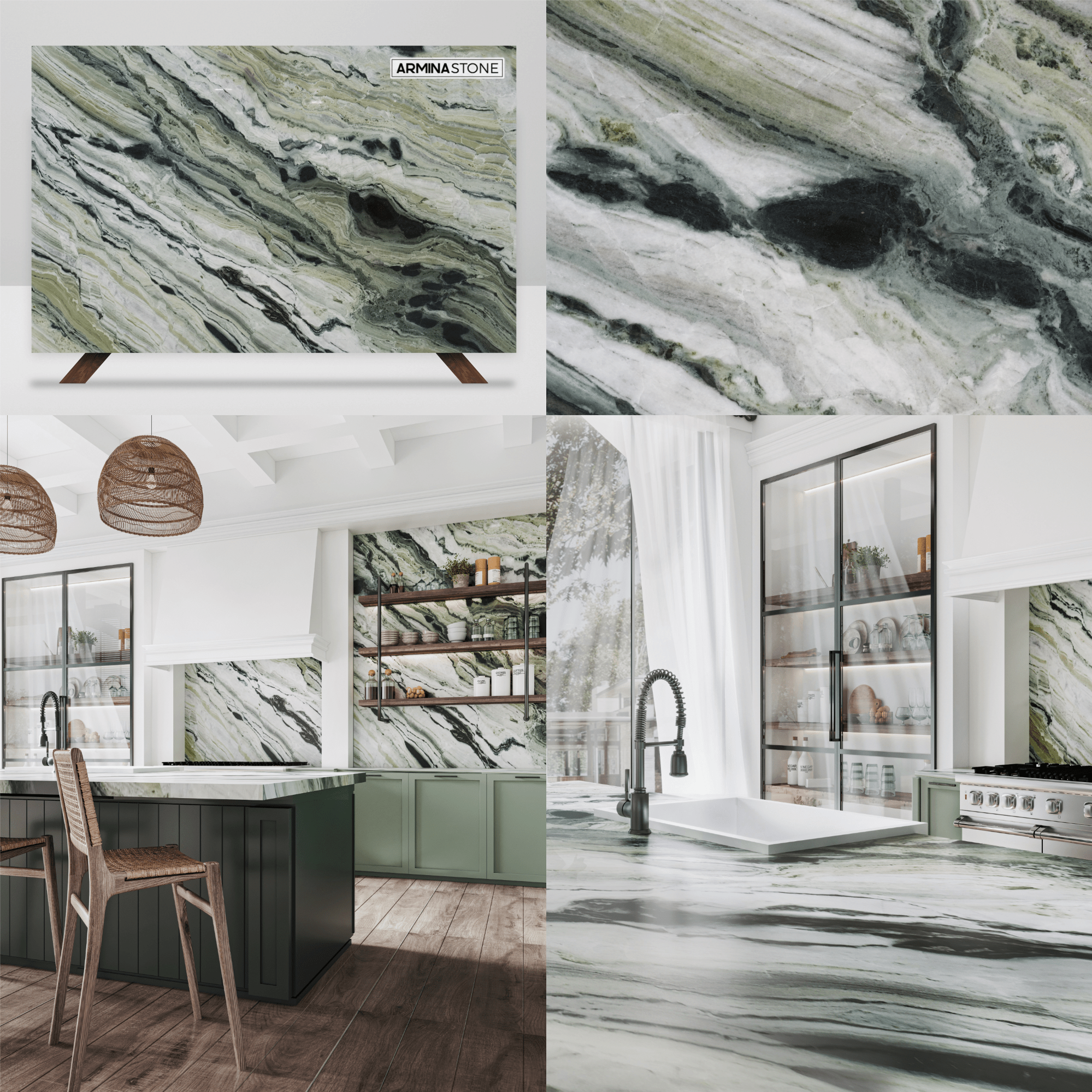 Green Beauty marble kitchen design inspiration. Available at Armina Stone Miami