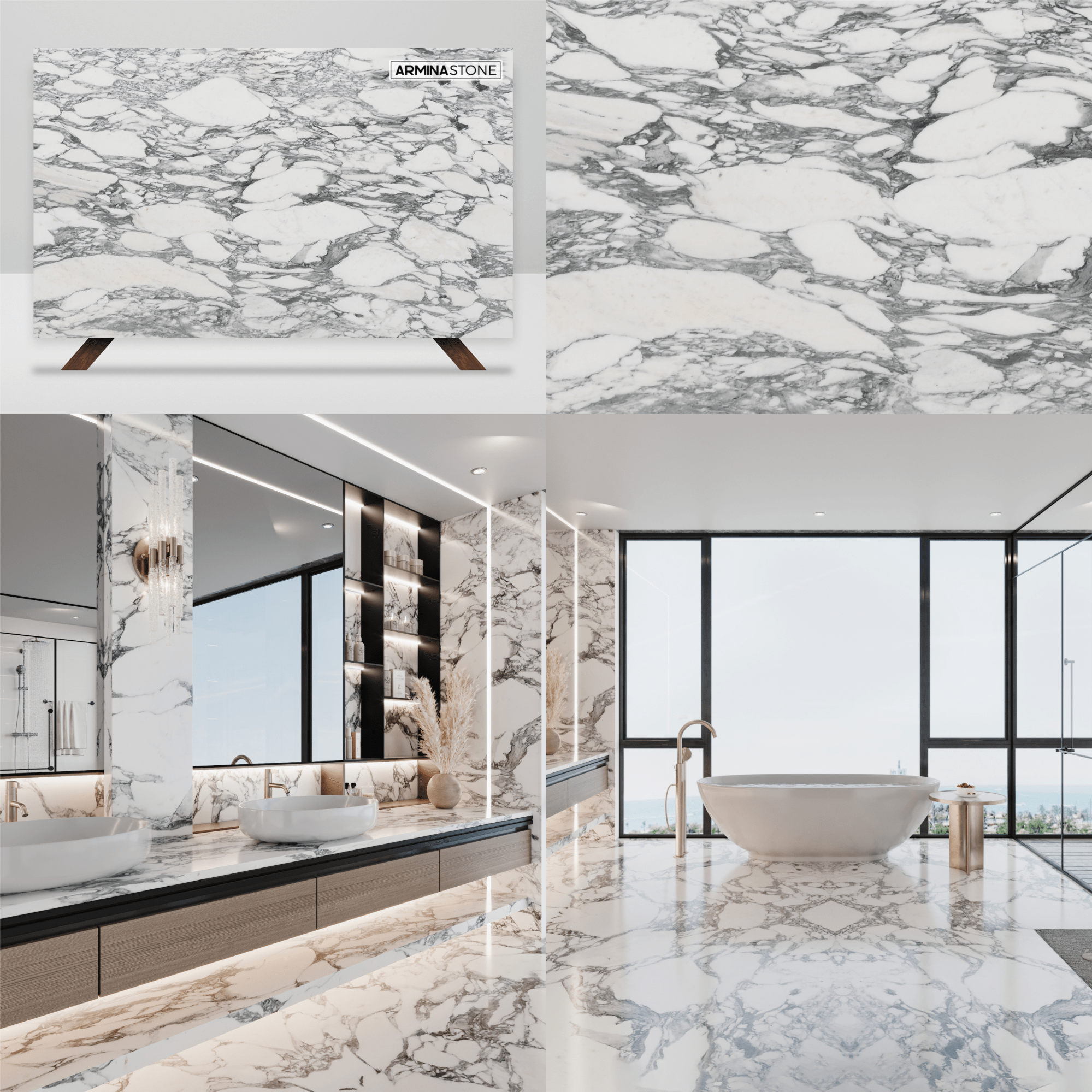 Statuario Corchia marble bathroom Vanity, Flooring. Available at Armina Stone Miami