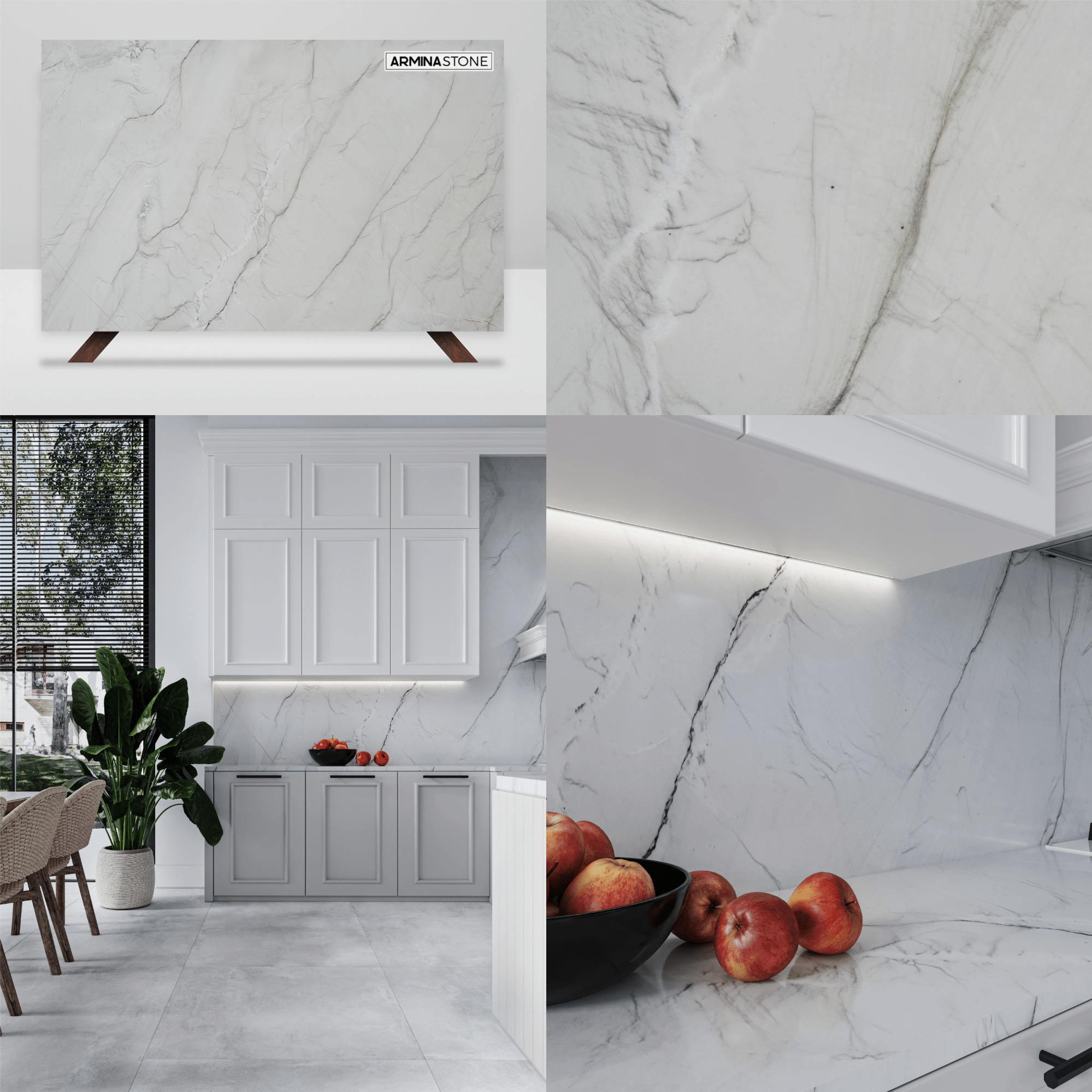 Stracciatella quartzite kitchen countertops, full height-backsplash. Available at Armina Stone Miami