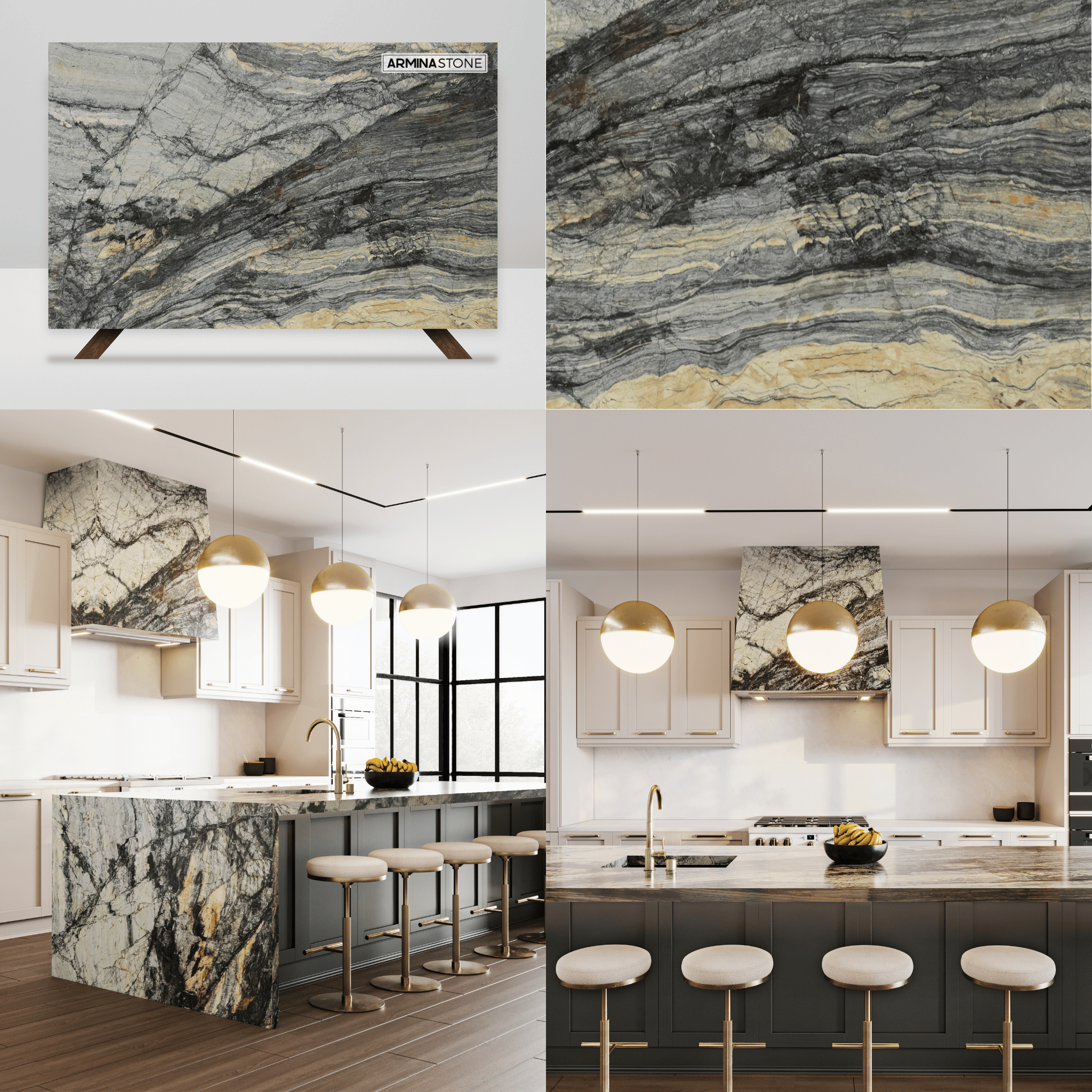 Vegas Blue marble, kitchen countertops, waterfall island. Available at Armina Stone Miami
