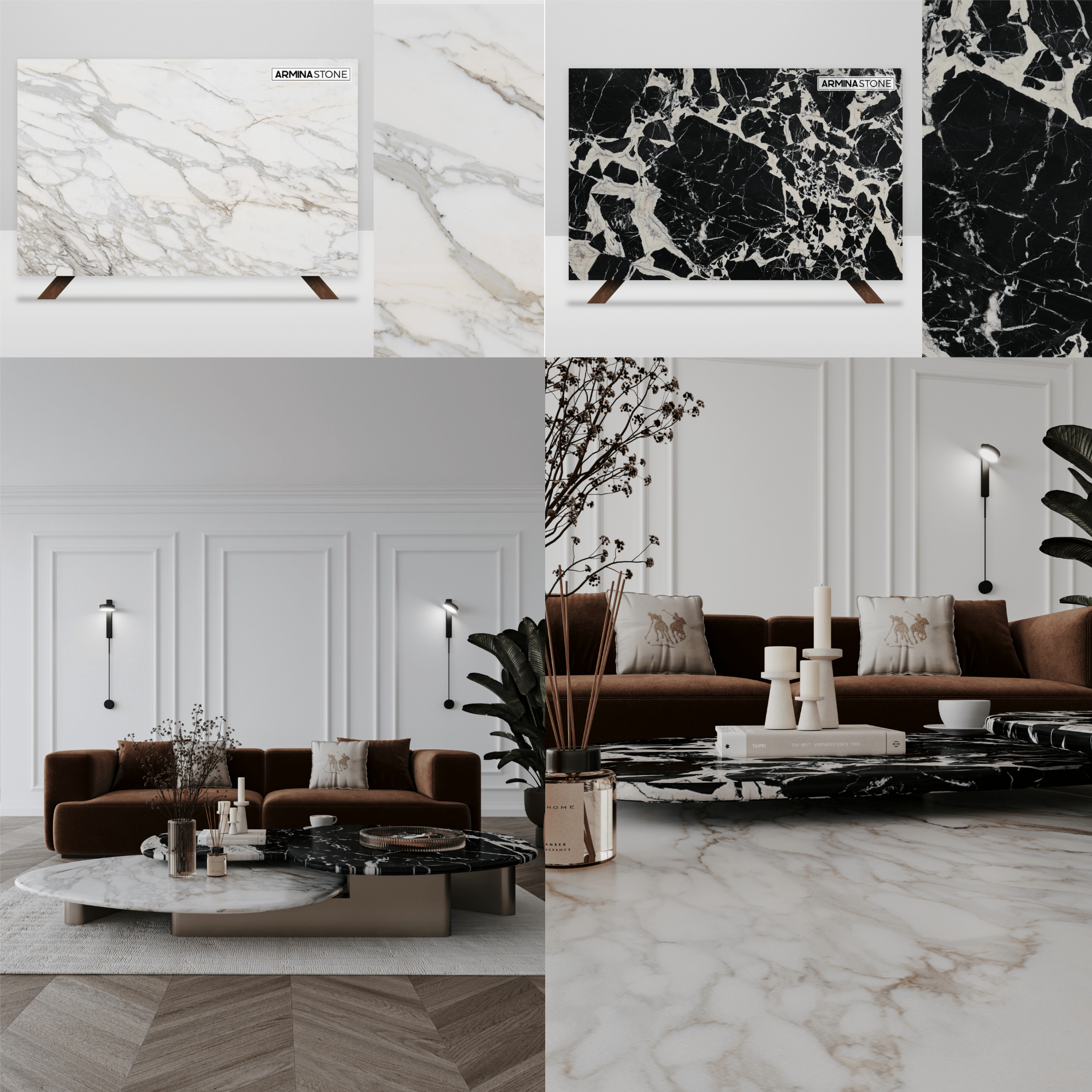 Versace, Calacatta Borghini Italian marble coffee table, living room design inspiration. Available at Armina Stone Miami