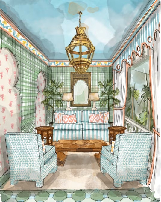 Artistic preview of Kips Bay Show House balcony design by Amal Kapen Interiors