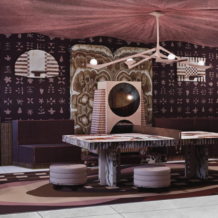 Rendering of recreational room at Kips Bay Show House designed by Moniomi, stones fabricated and installed by Armina Stone