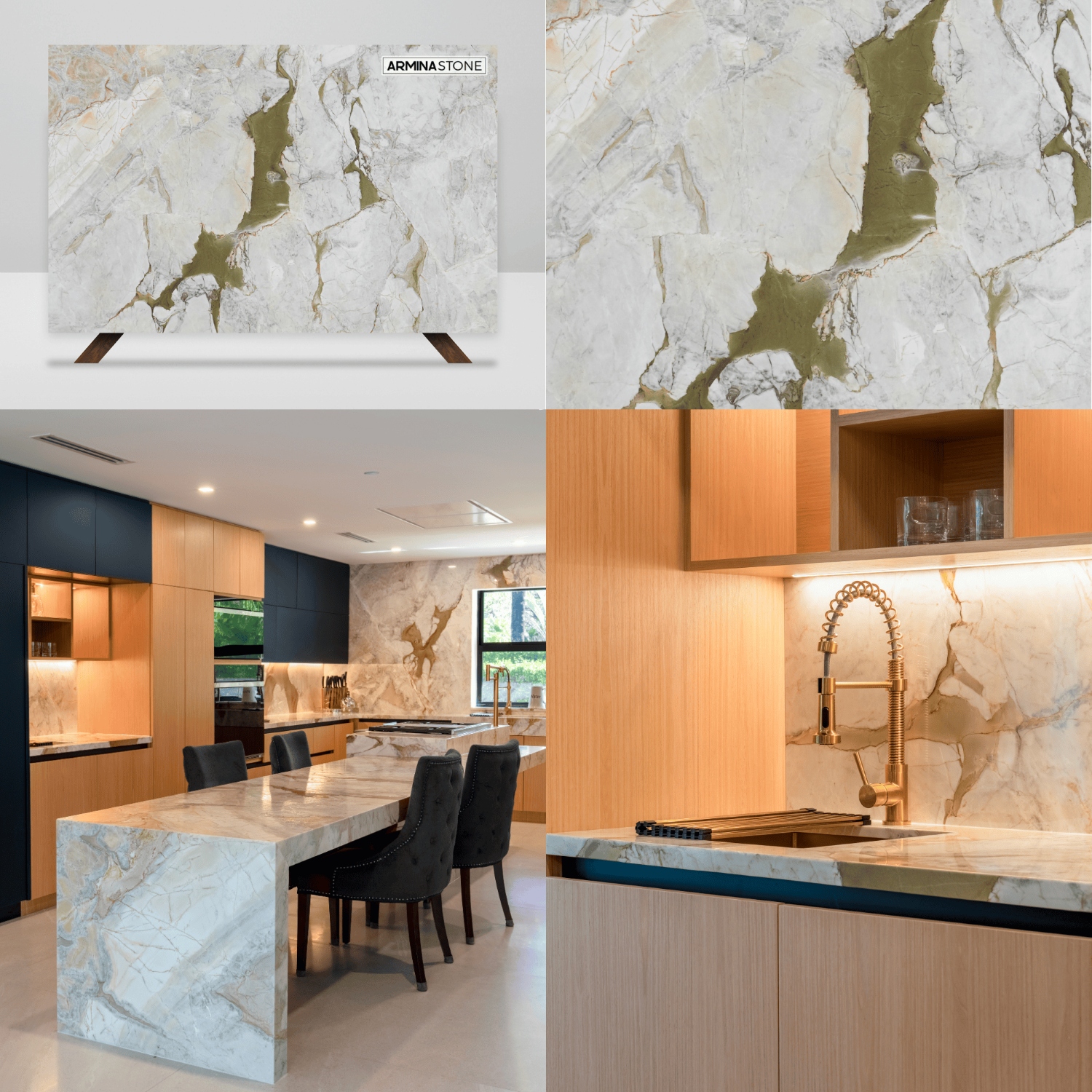 Residential design inspiration, Macchia Oro marble kitchen countertops, backsplash, waterfall island. Available at Armina Stone Miami