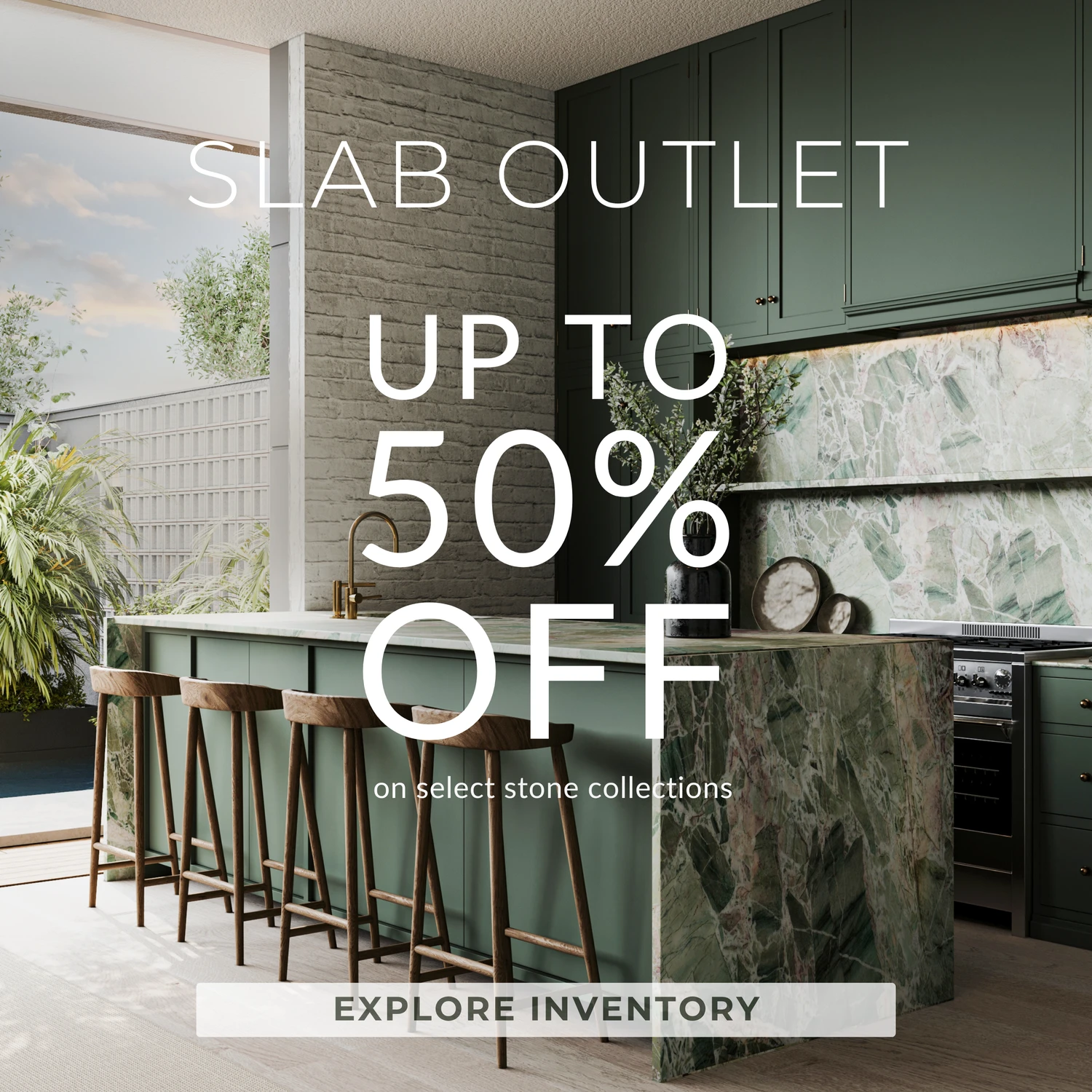 Luxury green natural stone kitchen display - Armina Stone Miami pop-up featuring premium slabs and elegant design.