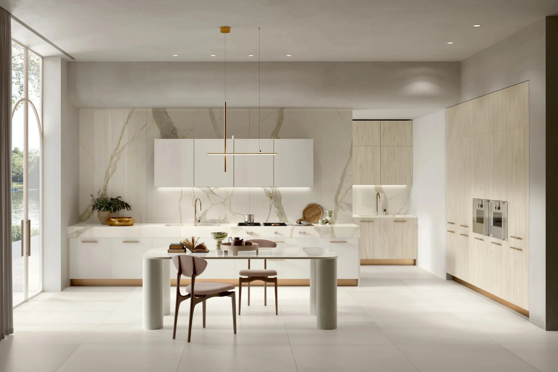Kitchen design showcasing Laminam Calacatta Michelangelo and Legno Venezia Corda Italian porcelain; white marble-inspired surfaces paired with warm wood tones for a timeless look.